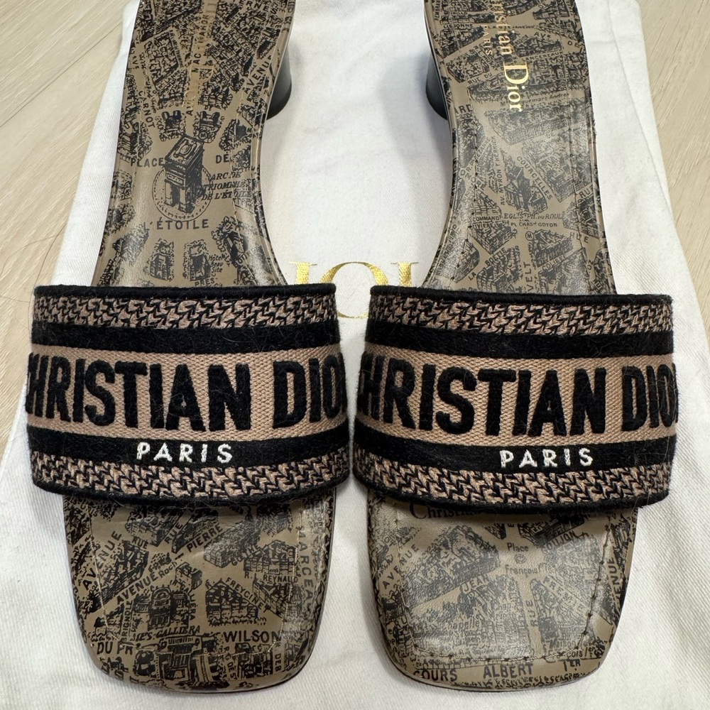 Christian Dior Black and Brown Heeled Dway Slides